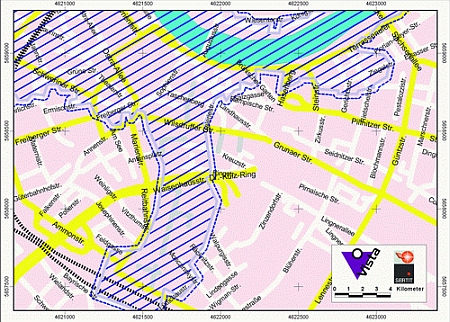 Ampleur maximum de la crue superposées au plan de ville de Dresde