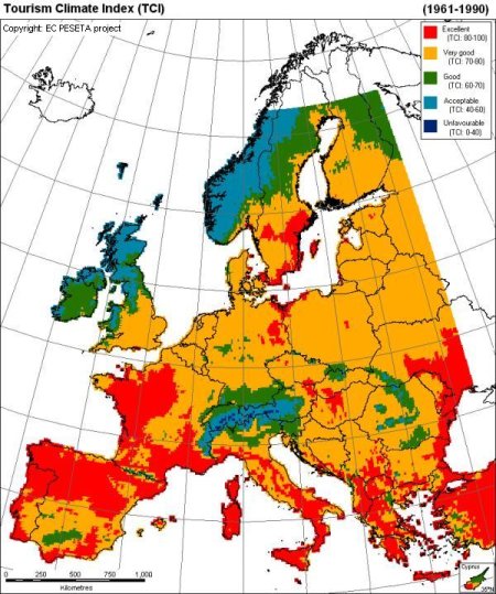 Simulated conditions for summer tourism in Europe for 1961-1990 