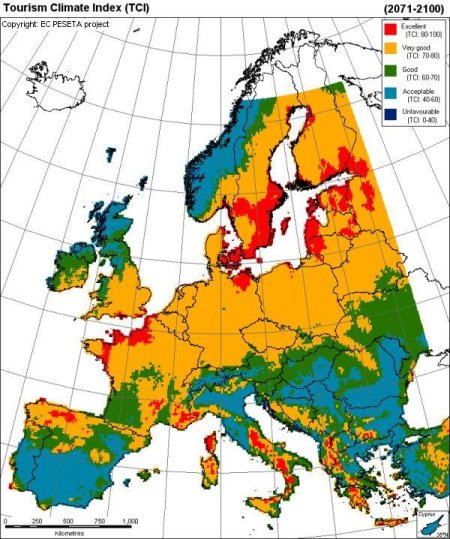 Simulated conditions for summer tourism in Europe for 2071-2100 