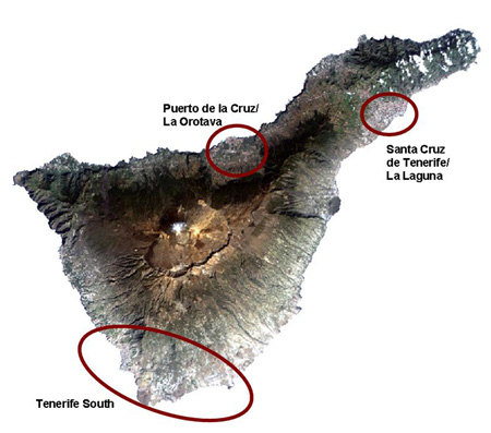 Voornaamste toeristengebieden op Tenerife. 