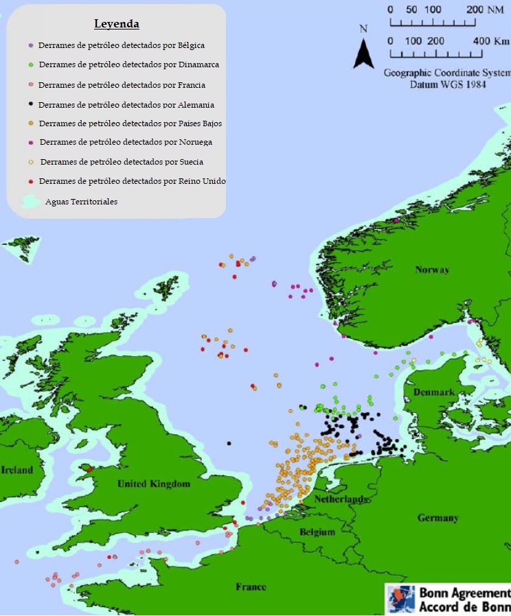 Map of oil slicks in the North Sea detected in 2006