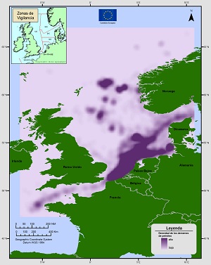 Density of detected oil spills in the North Sea from 1998 to 2004