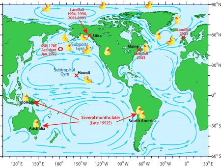 World map with possible routes taken by the rubber ducks