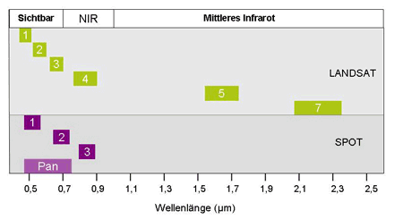 Spektrale Auflösung der Satelliten LANDSAT und SPOT